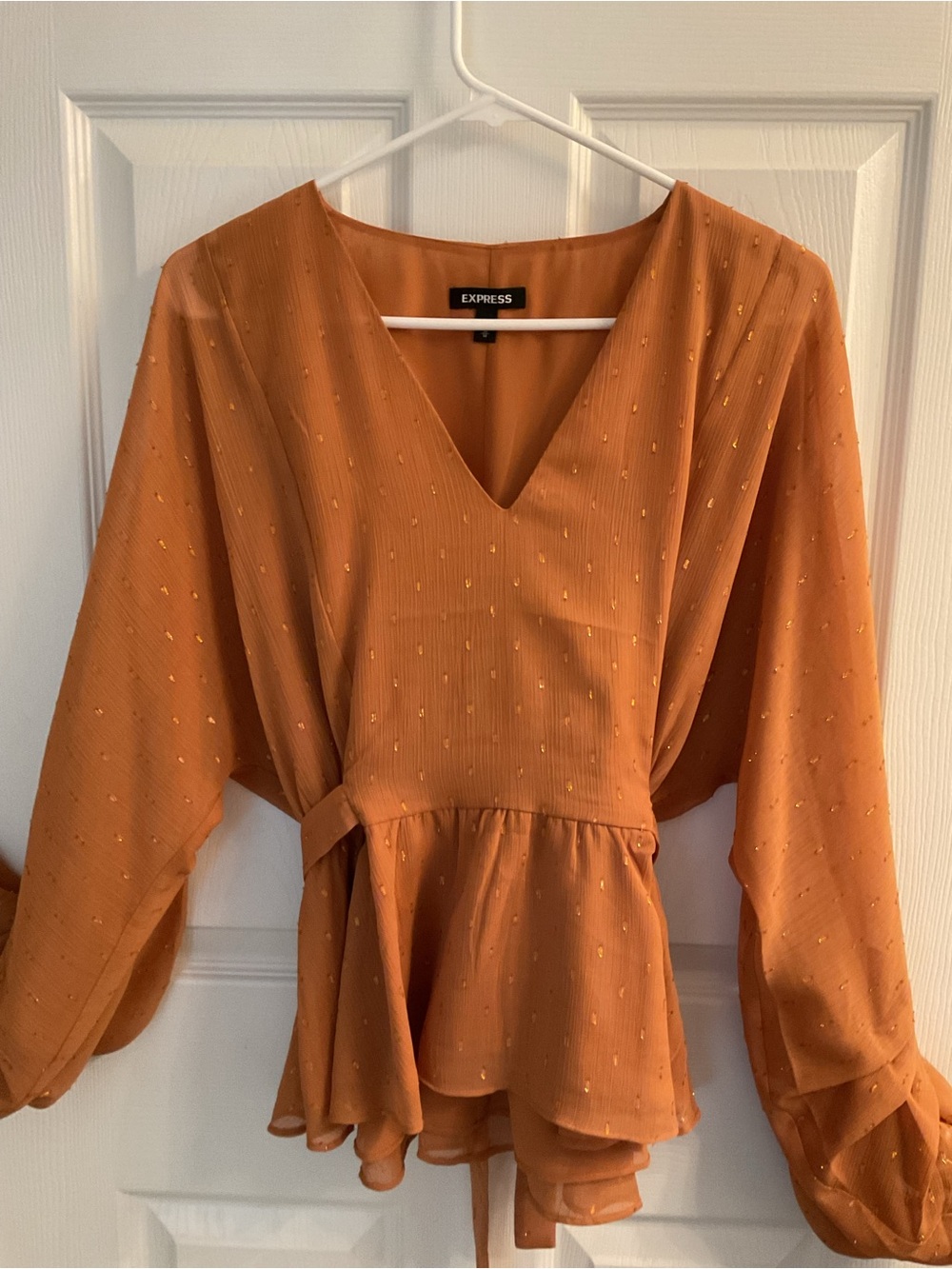 Express Women's Rust Orange Tie-Waist Peplum Blouse